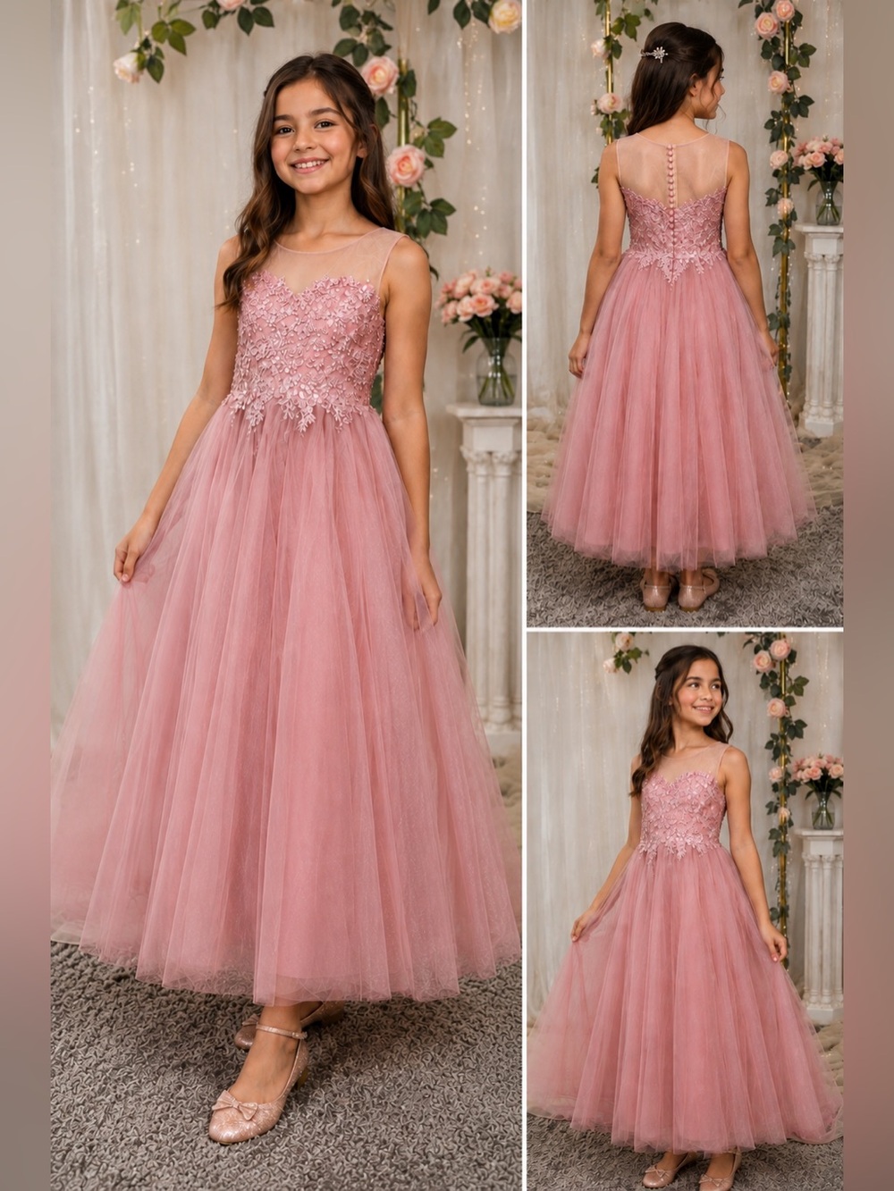 Girls Size 11 Pink Sequin Tulle Formal Dress Illusion Neckline